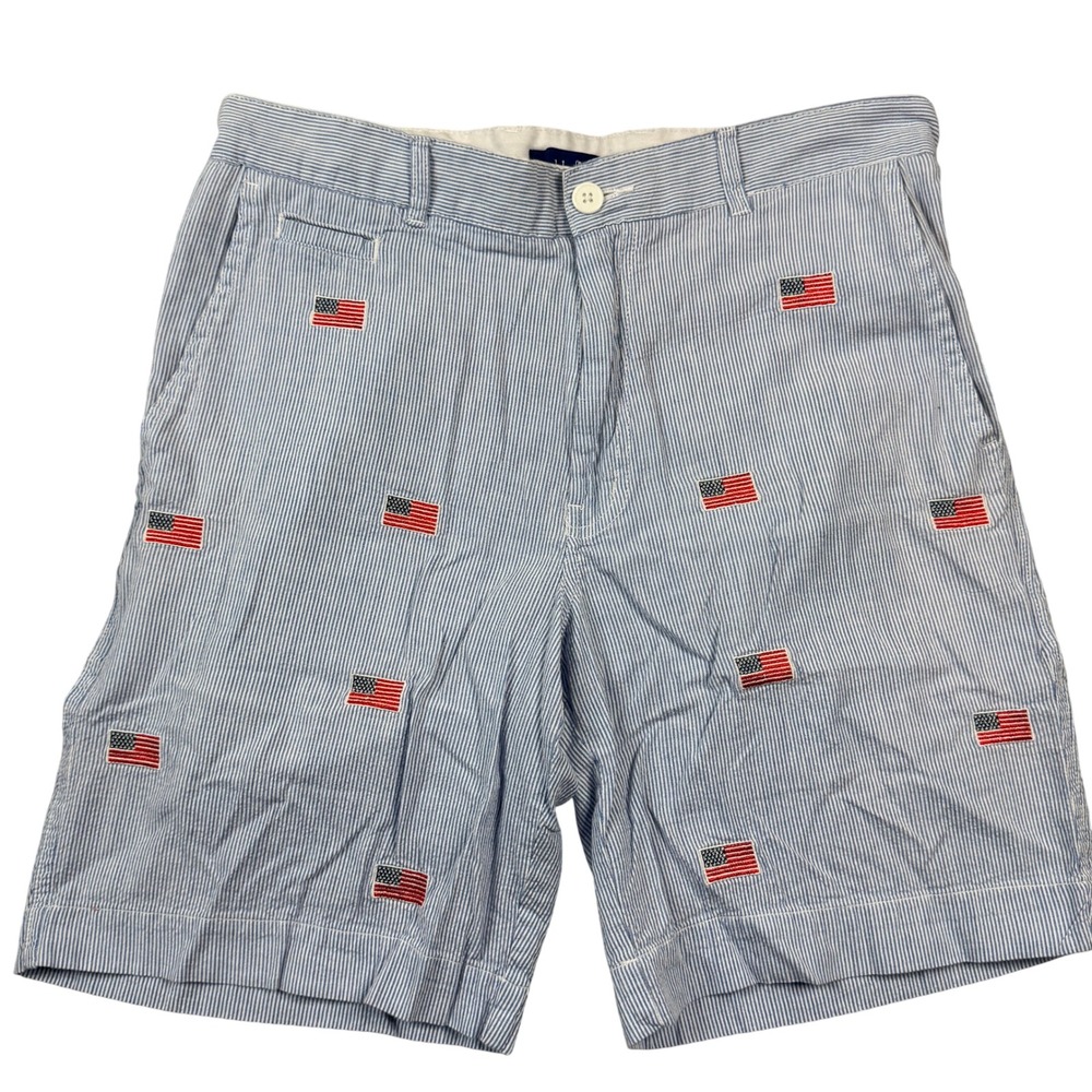 Tackle‎ & Tides Men's Blue White Seersucker American Flag Embroidered Shorts 34